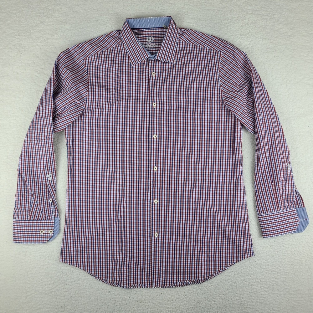 Bugatchi Uomo Shirt Mens 17 34/35‎ Dark Blue Red Check Plaid Dress Button Up